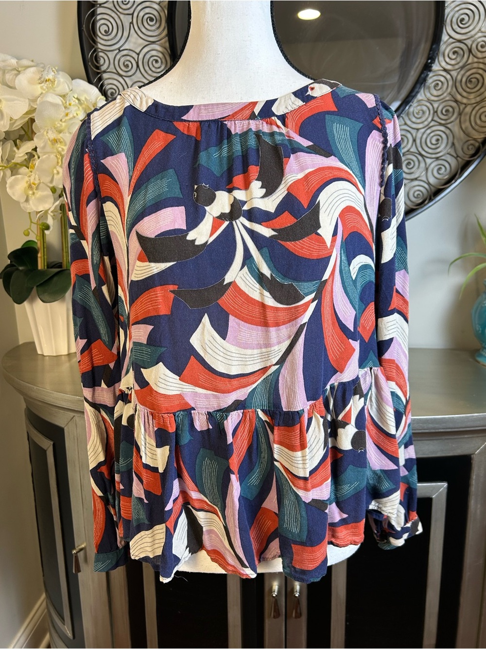 Anthropologie Navy Multicolor Abstract Peplum Blouse
